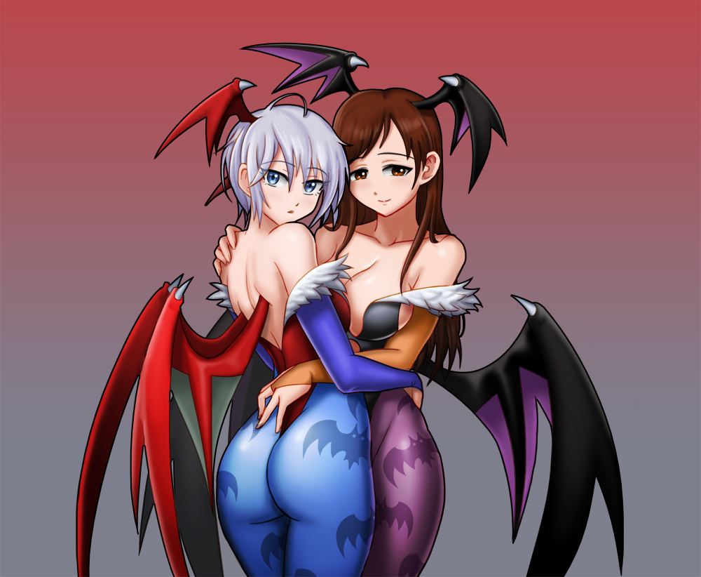 2girls, anastasia_(idolmaster), back, bangs, bare_shoulders, bat_print, bat_wings, black_wings