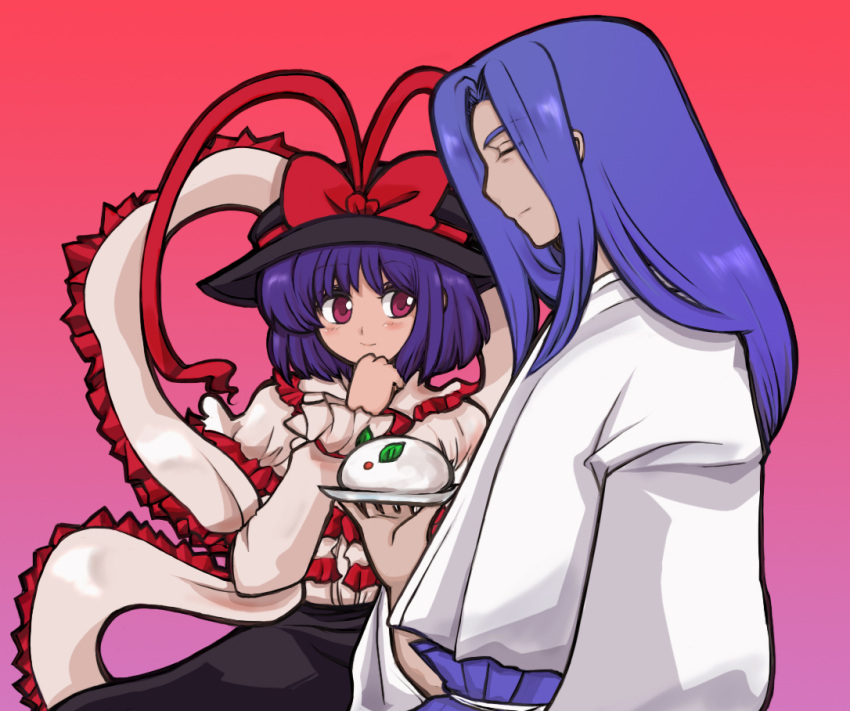 blush, bow, closed_eyes, crossover, frills, hat, long_hair, m.u.g.e.n