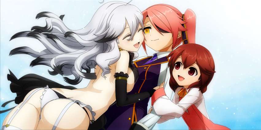 3girls, ahoge, ass, black_hair, breast_press, brown_eyes, brown_hair, highres, hug, little_sister_(xblaze), me_(xblaze), multicolored_hair, multiple_girls, nobody_(xblaze), pink_hair, two-tone_hair, white_hair, xblaze, xblaze_lost:_memories, yellow_eyes