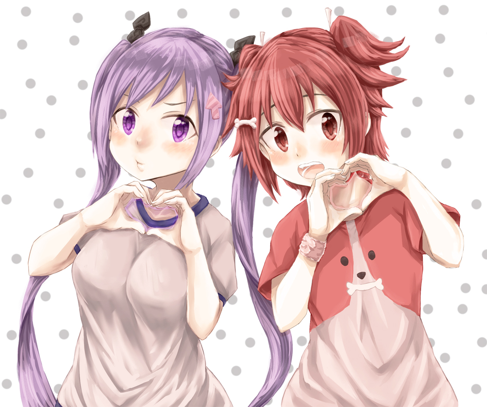 2girls, :d, arrow_hair_ornament, auburn_hair, blush, bone_hair_ornament, bone_print, breasts, brown_eyes, gym_uniform, hair_ornament, hair_ribbon, head_to_head, heart, heart_hands, kamiya_agari, long_hair, looking_at_viewer, medium_breasts, miel_89ul, multiple_girls, open_mouth, purple_hair, ribbon, shakunetsu_no_takkyuu_musume, shirt, short_sleeves, short_twintails, smile, t-shirt, teeth, tsumujikaze_koyori, twintails, upper_body, violet_eyes, white_ribbon, wristband