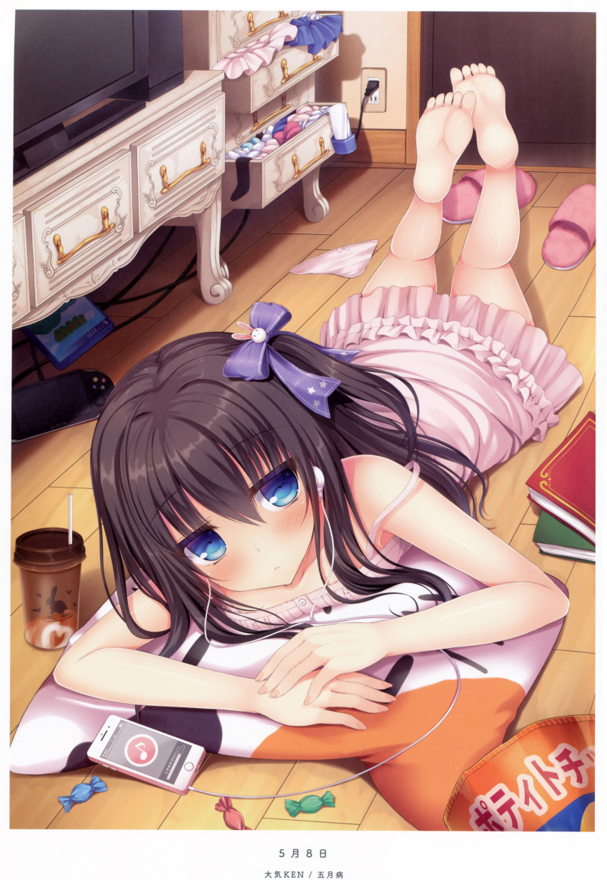 1girl, absurdres, bag_of_chips, bare_arms, bare_legs, bare_shoulders, barefoot, black_hair
