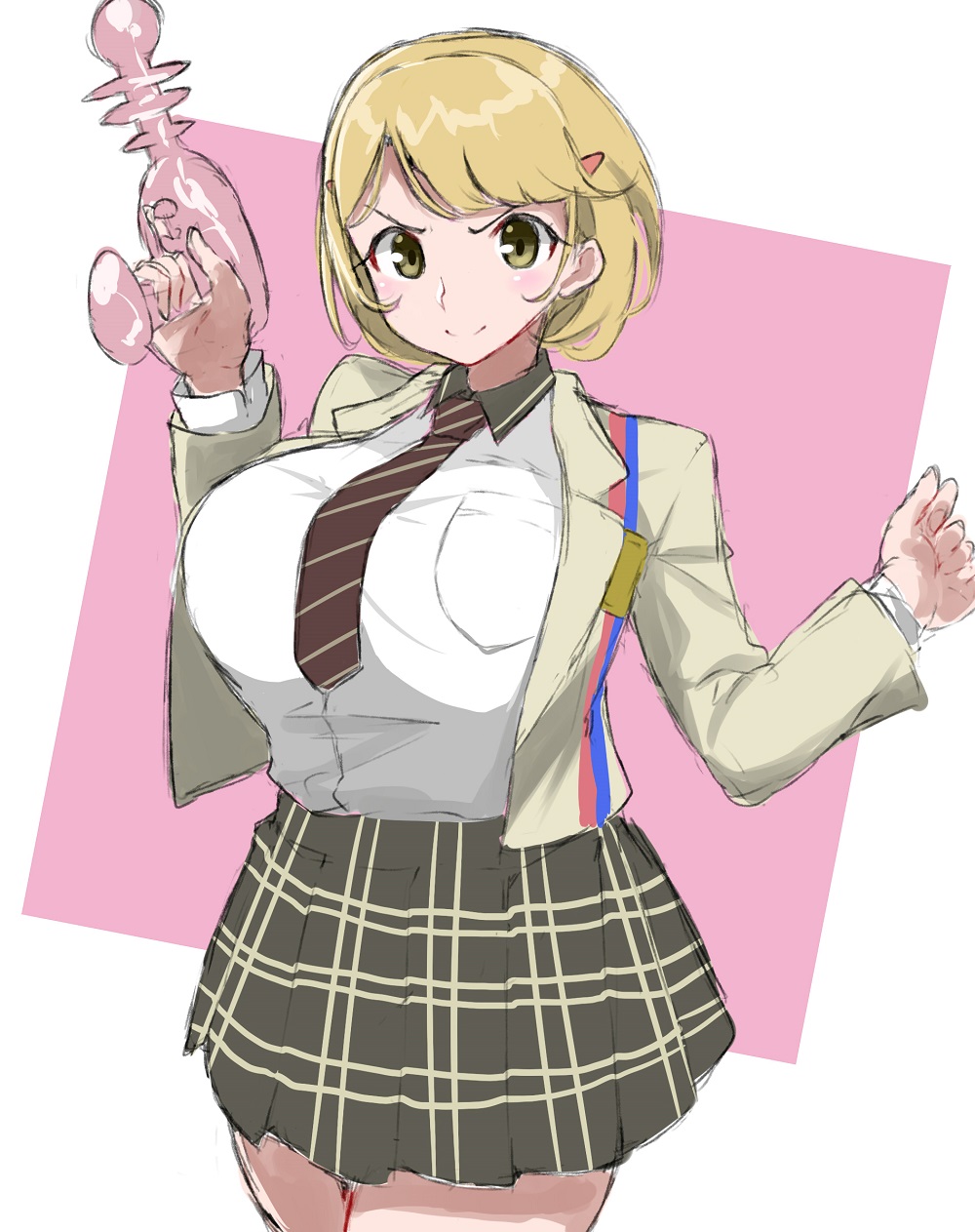 1girl, breasts, brown_eyes, brown_hair, energy_gun, hair_ornament, hairclip, highres, large_breasts, lonwi21, looking_at_viewer, narusawa_ryouka, necktie, occultic;nine, plaid, plaid_skirt, ray_gun, short_hair, skirt, smile, solo, thighs, trigger_discipline, weapon