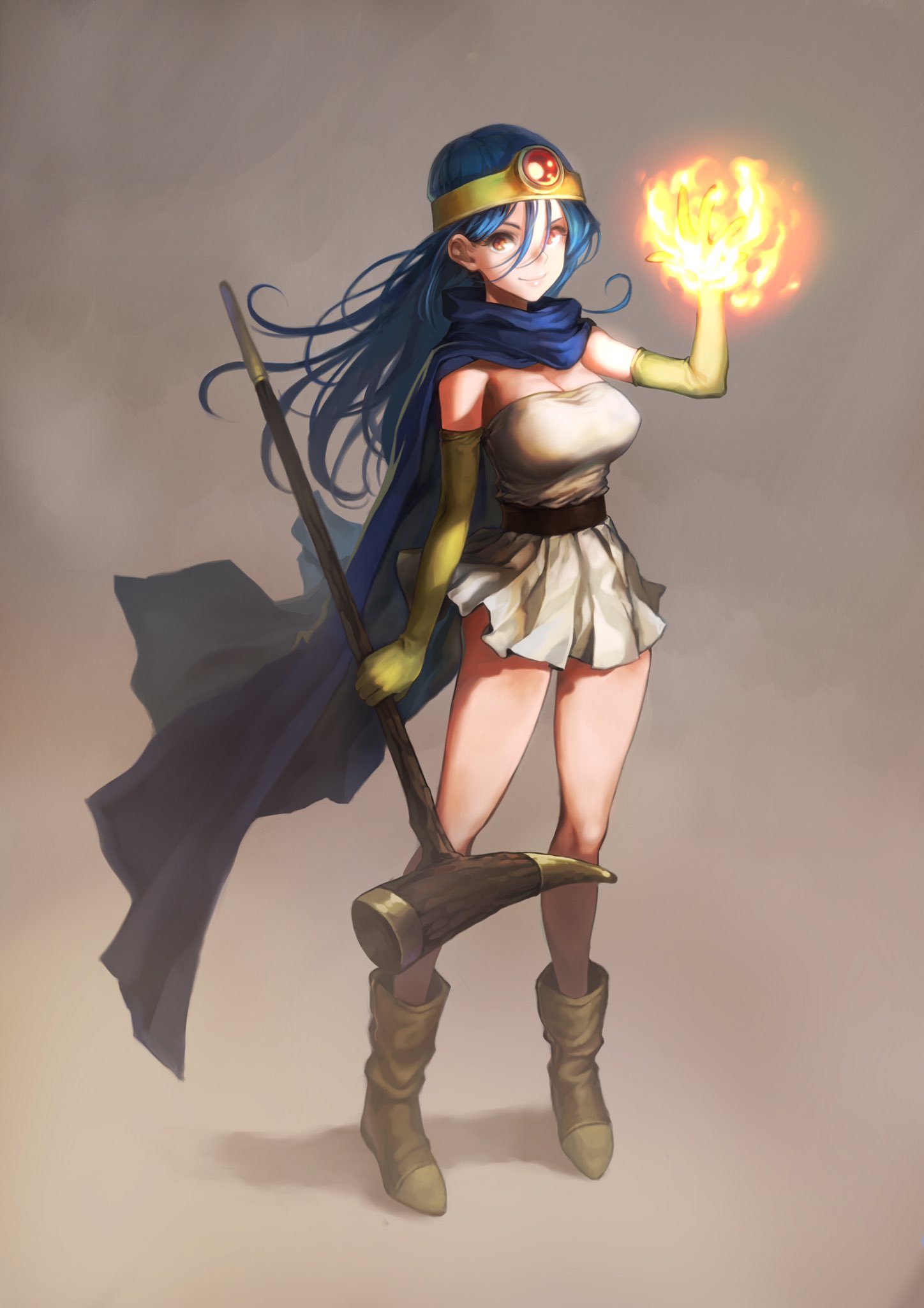 1girl, arm_up, blue_hair, boots, breasts, cape, circlet, cleavage