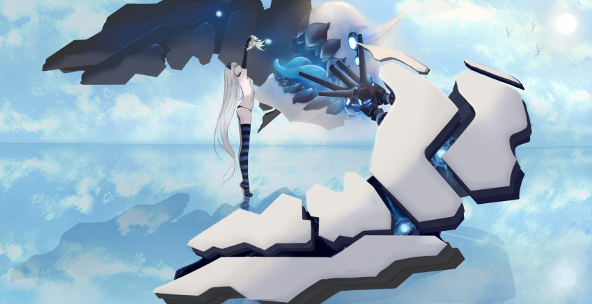 animal_ears, arms_up, artist_request, bird, black_gloves, black_panties, blue_background, blue_eyes, blue_sky, blue_tongue, cannon, chibi, clouds, cloudy_sky, collar, demon, elbow_gloves, fake_animal_ears, from_side, gloves, hair_over_breasts, highres, horizon, horn, lexington_(zhan_jian_shao_nyu), long_hair, looking_up, machinery, pachina_(zhan_jian_shao_nyu), panties, shinkaisei-kan, single_horn, single_thighhigh, sky, standing, standing_on_liquid, striped, striped_legwear, sun, teeth, thigh-highs, tongue, tongue_out, underwear, underwear_only, very_long_hair, water, white_hair, white_skin, zhan_jian_shao_nyu