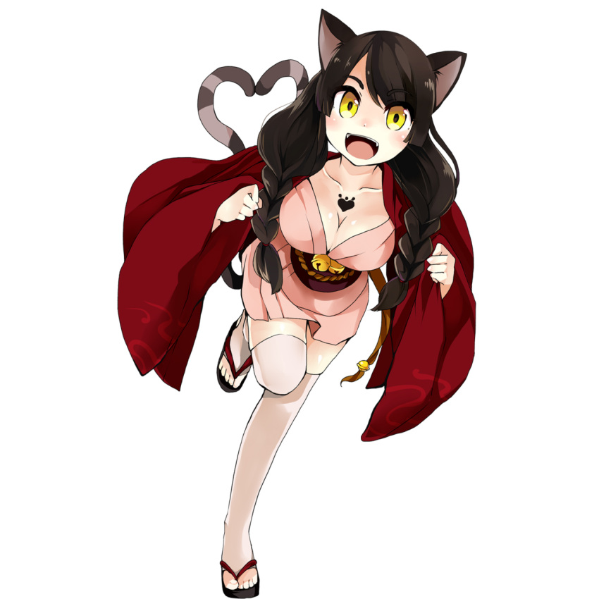 1girl, animal_ears, bell, braid, breasts, cat_ears, cat_tail, cleavage