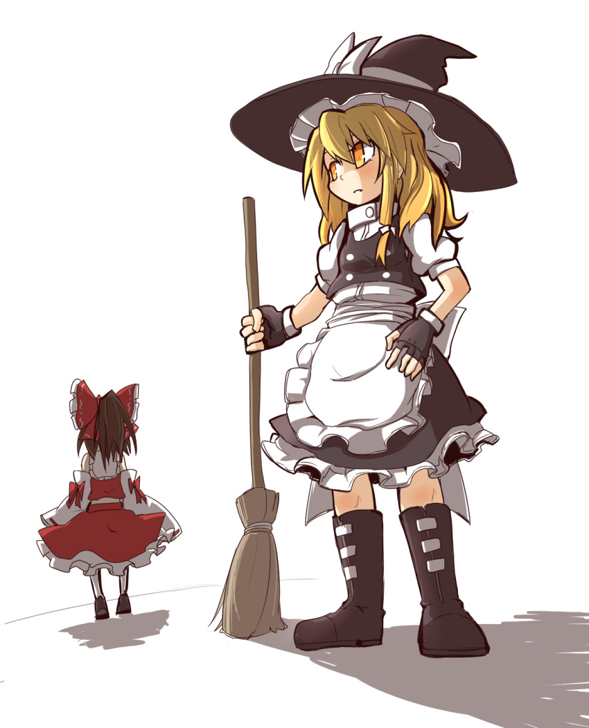 2girls, apron, bare_shoulders, blonde_hair, boots, bow, broom, brown_hair