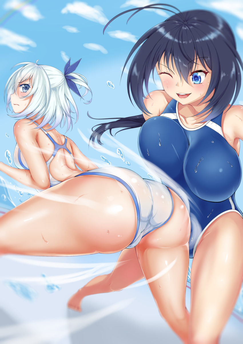 2girls, ;d, antenna_hair, arched_back, ass, black_hair, blue_eyes, breasts