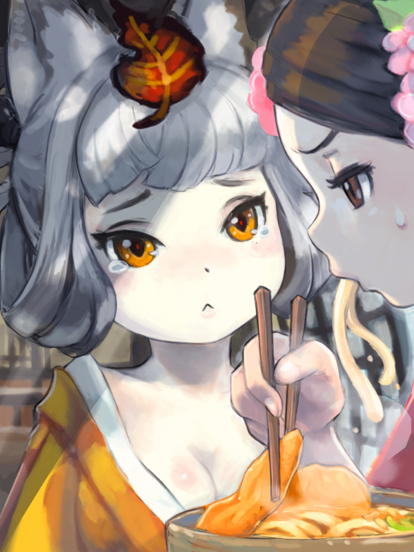 :<, aburaage, animal_ears, bangs, blunt_bangs, blush, breasts, chopsticks