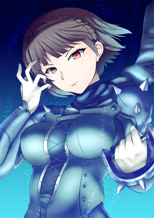 1girl, braid, brass_knuckles, brown_hair, crown_braid, niijima_makoto, persona, persona_5