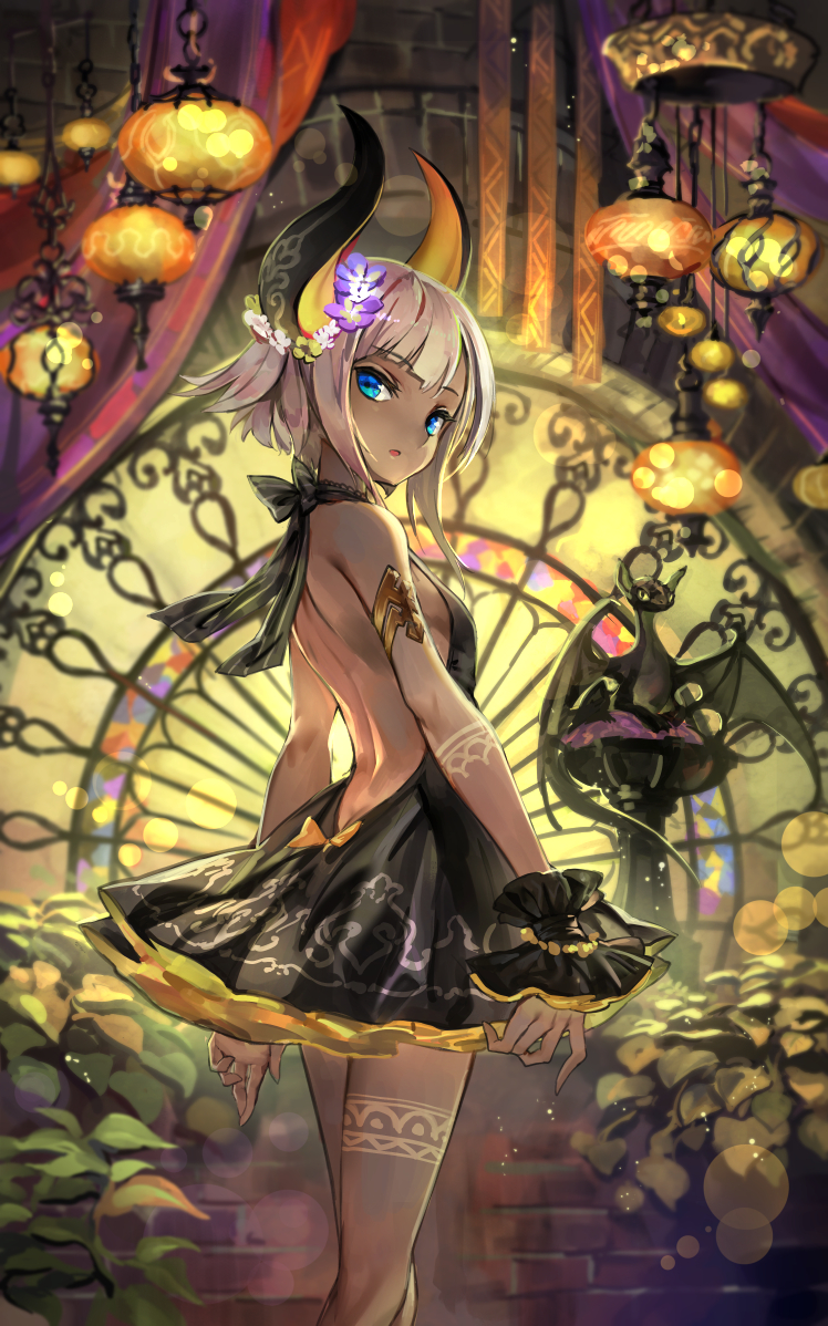 1girl, :o, armlet, arms_at_sides, back, bangs, bare_back, black_bow