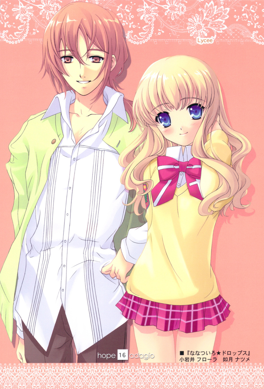 blonde_hair, blue_eyes, blush, bow, brown_eyes, brown_hair, genshou_koubou, highres