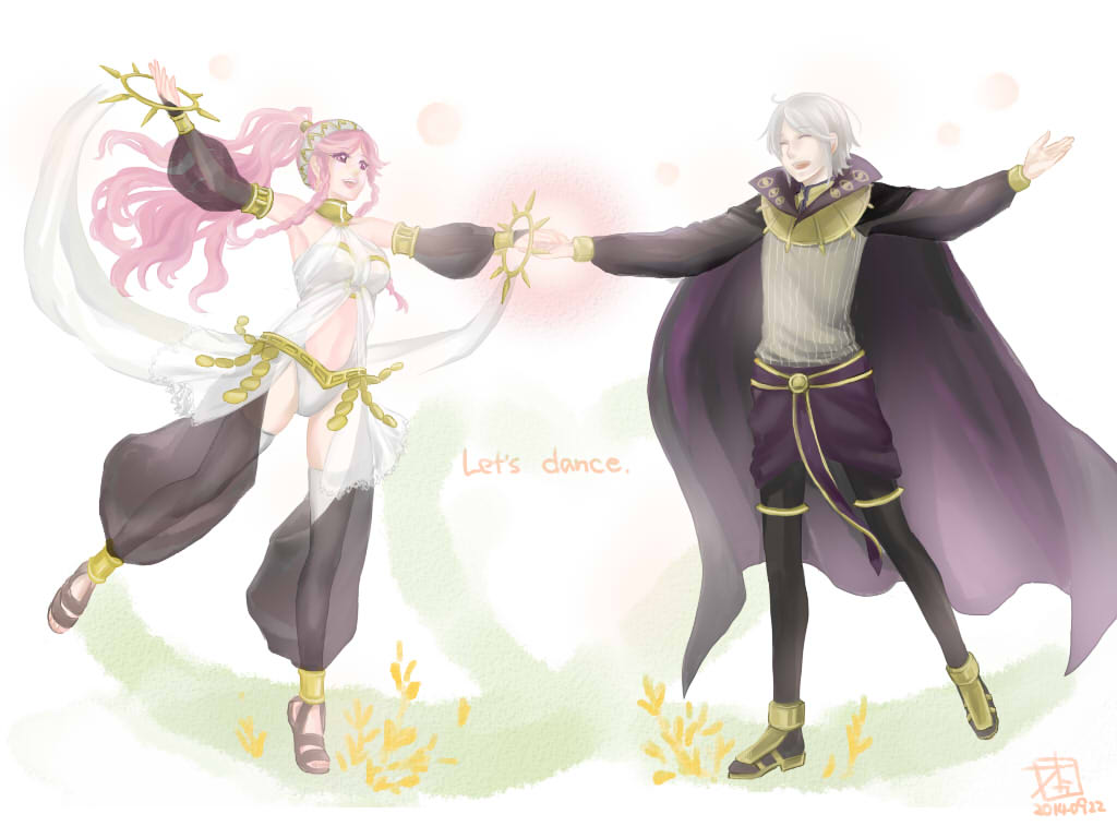 1boy, 1girl, ^_^, braid, bridal_gauntlets, cape, closed_eyes, dancing