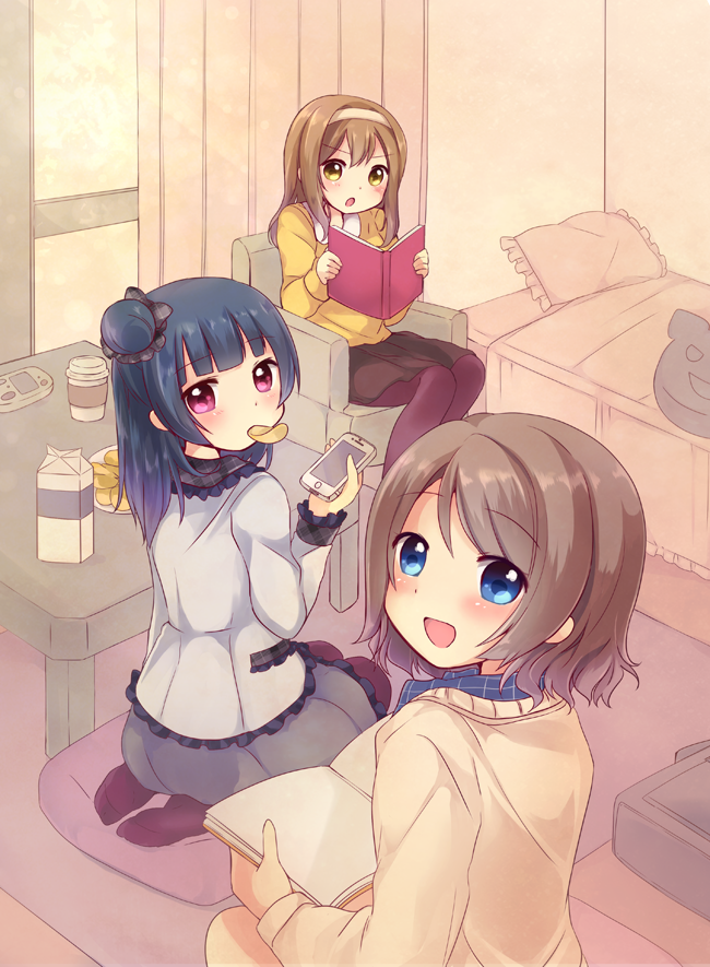 3girls, bed, black_legwear, blue_eyes, blue_hair, book, brown_eyes, brown_hair