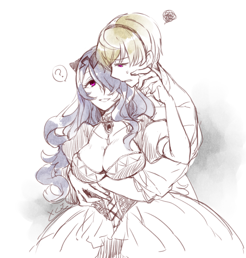 1boy, 1girl, ?, breasts, camilla_(fire_emblem_if), cleavage, fire_emblem, fire_emblem_if