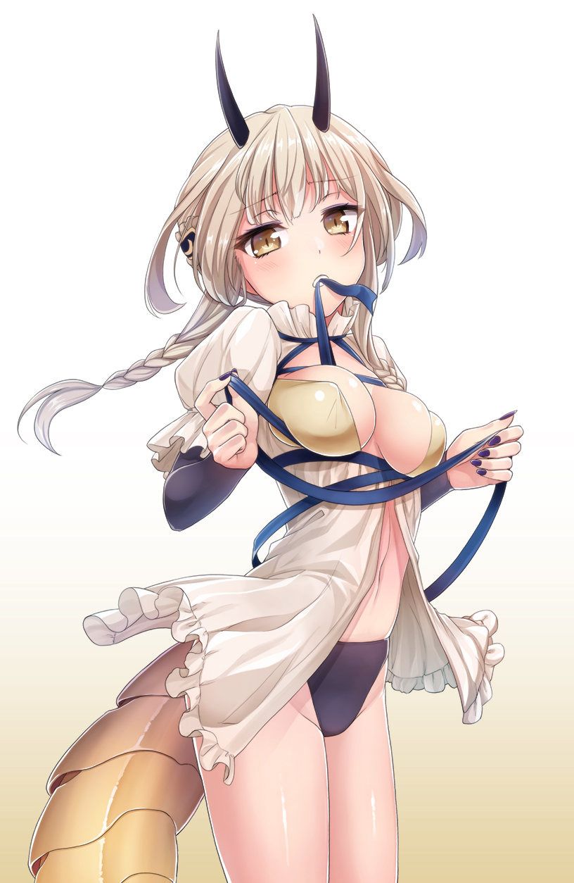 1girl, black_panties, blue_ribbon, bound, braid, breasts, brown_eyes, eyebrows