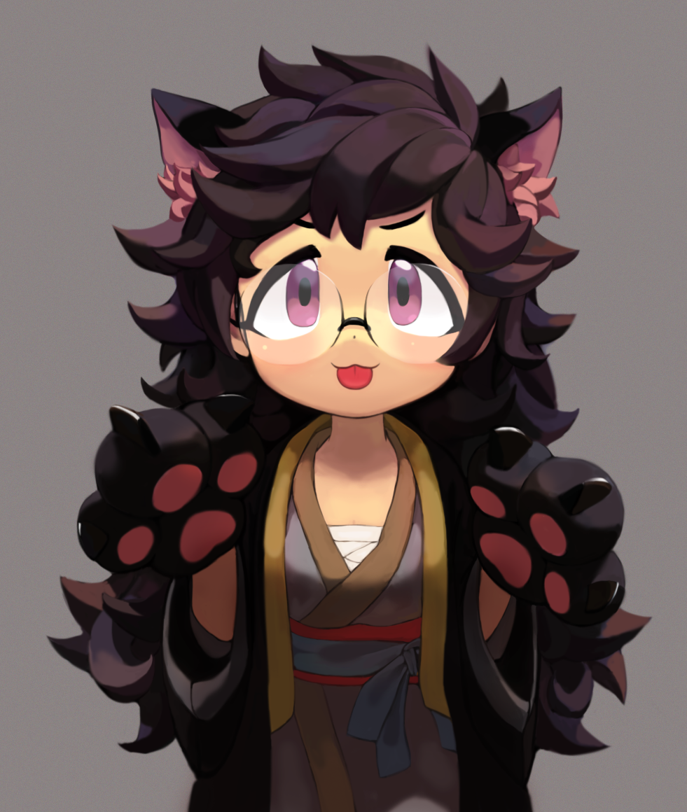1girl, absurdly_long_hair, animal_ears, black_hair, glasses, gloves, gorogo, japanese_clothes, latale, long_hair, paw_gloves, solo, tongue, tongue_out, very_long_hair