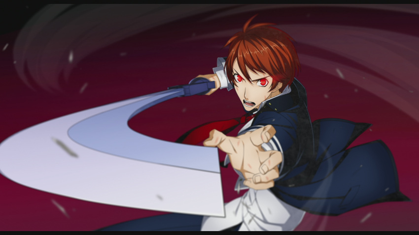 1boy, alternate_eye_color, brown_hair, kagari_touya, necktie, red_eyes, school_uniform, short_hair