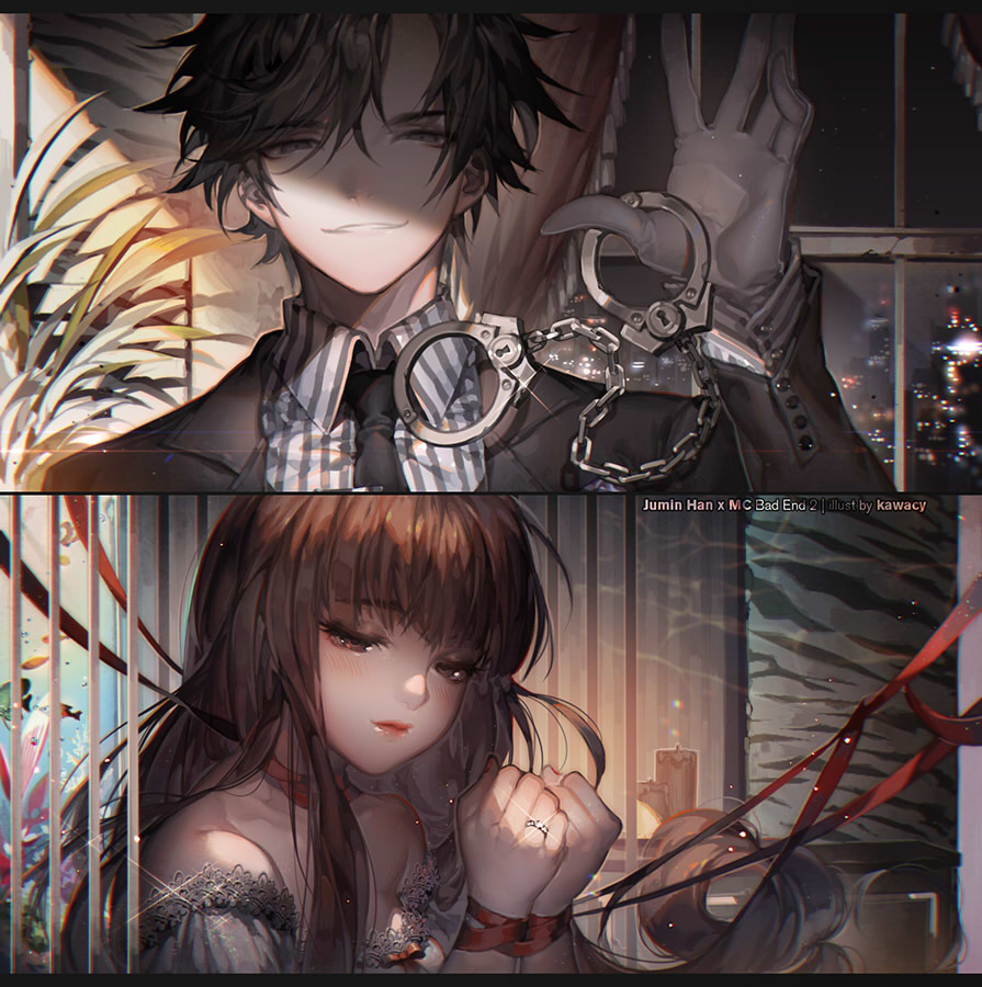 1boy, 1girl, black_hair, bound, brown_hair, character_name, cuffs, han_jumin