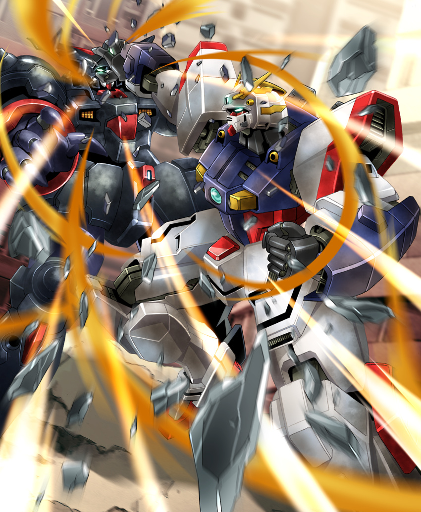 battle, clenched_hand, g_gundam, glowing, glowing_eyes, gundam, highres, master_gundam