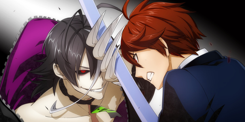 2boys, ahoge, black_hair, black_sclera, brown_hair, choker, claws, evil_smile