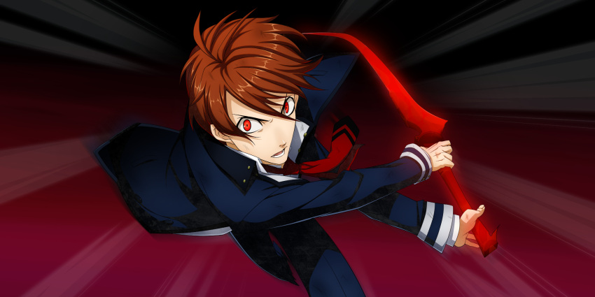 1boy, alternate_eye_color, blade, blood, brown_hair, highres, kagari_touya, necktie