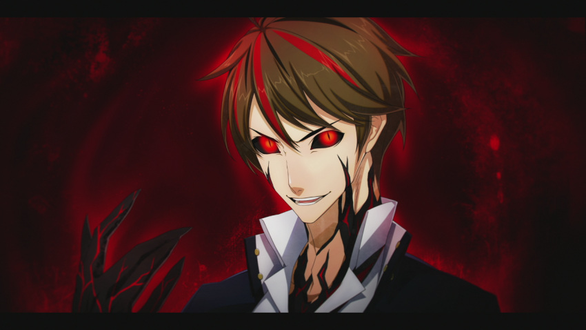 1boy, alternate_eye_color, black_sclera, brown_hair, darkness, evil_smile, kagari_touya, red_eyes