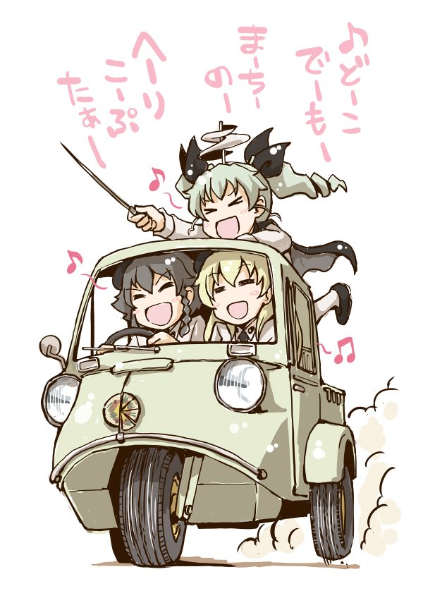 >_<, 3girls, :d, =_=, anchovy, anzio_(emblem), bangs, baton