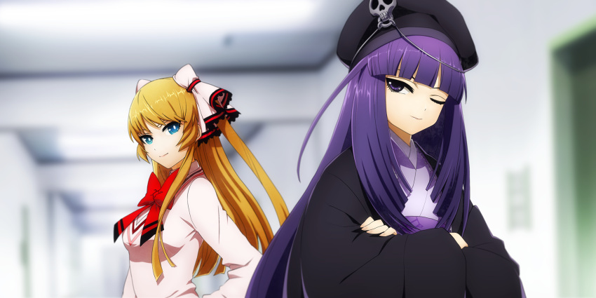 2girls, amanohokosaka_mei, blonde_hair, blue_eyes, bow, bowtie, crossed_arms, hair_tie