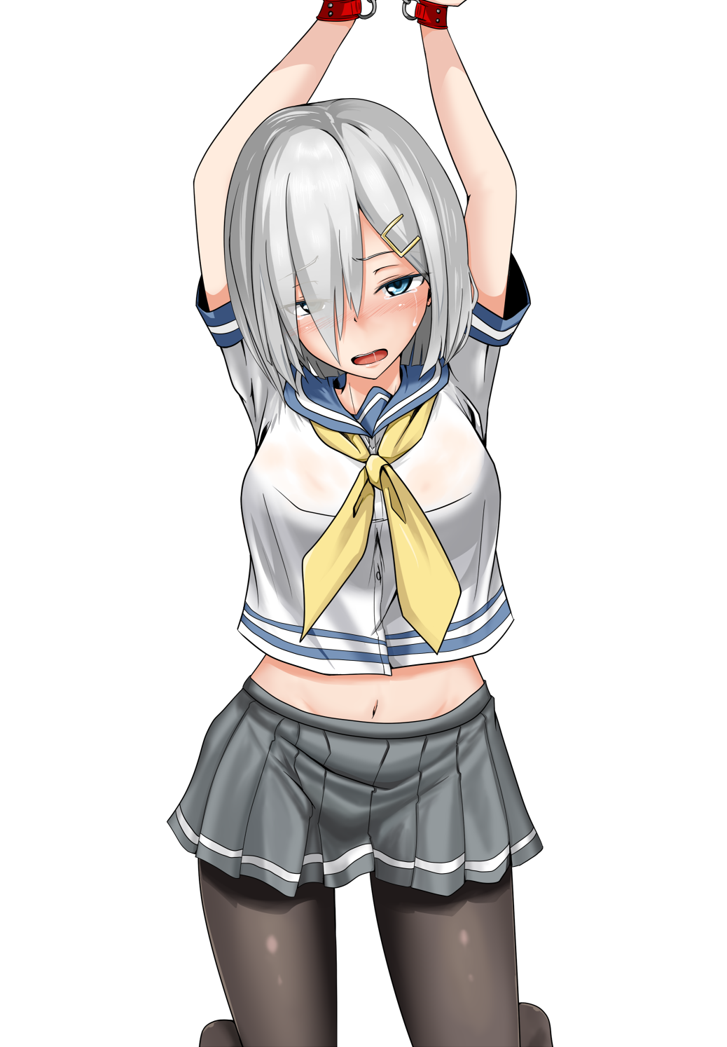 1girl, arms_up, bdsm, black_legwear, blue_eyes, blush, bondage, bound, grey_skirt, hair_ornament, hairclip, hamakaze_(kantai_collection), highres, kantai_collection, looking_at_viewer, midriff, navel, open_mouth, pantyhose, pleated_skirt, saliva, school_uniform, serafuku, short_hair, short_sleeves, silver_hair, simple_background, skirt, solo, tachi_(mtd), tears, white_background