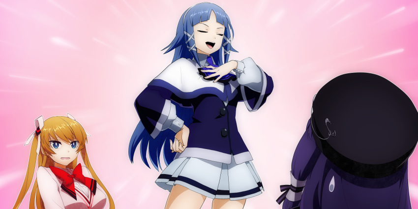 3girls, amanohokosaka_mei, blue_eyes, blue_hair, closed_eyes, elise_von_klagen, hair_tie, hairband