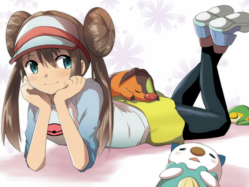 1girl, baseball_cap, black_legwear, blue_eyes, brown_hair, chin_rest, double_bun, hat