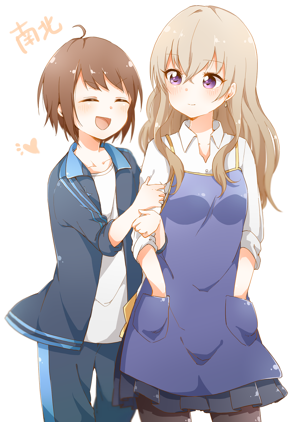 >:d, 2girls, :d, ahoge, apron, arm_hug, bafarin, blonde_hair, brown_hair, collarbone, earrings, hands_in_pockets, highres, jacket, jewelry, kitamiya_hatsumi, minamino_tsubasa, multiple_girls, open_mouth, pants, short_hair, skirt, smile, teacher, track_jacket, track_pants, violet_eyes, yuru_yuri