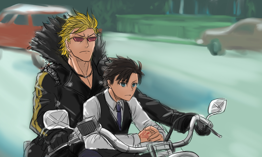 2boys, black_gloves, black_hair, blonde_hair, blue_eyes, car, command_spell, fate/grand_order