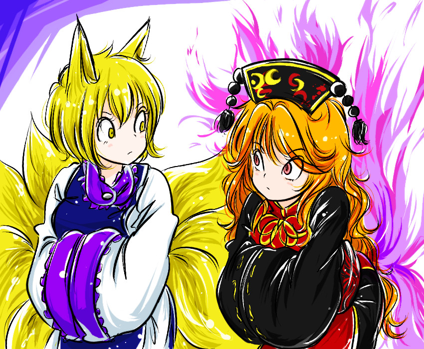 2girls, animal_ears, black_dress, blonde_hair, chinese_clothes, dress, fox_ears, fox_tail