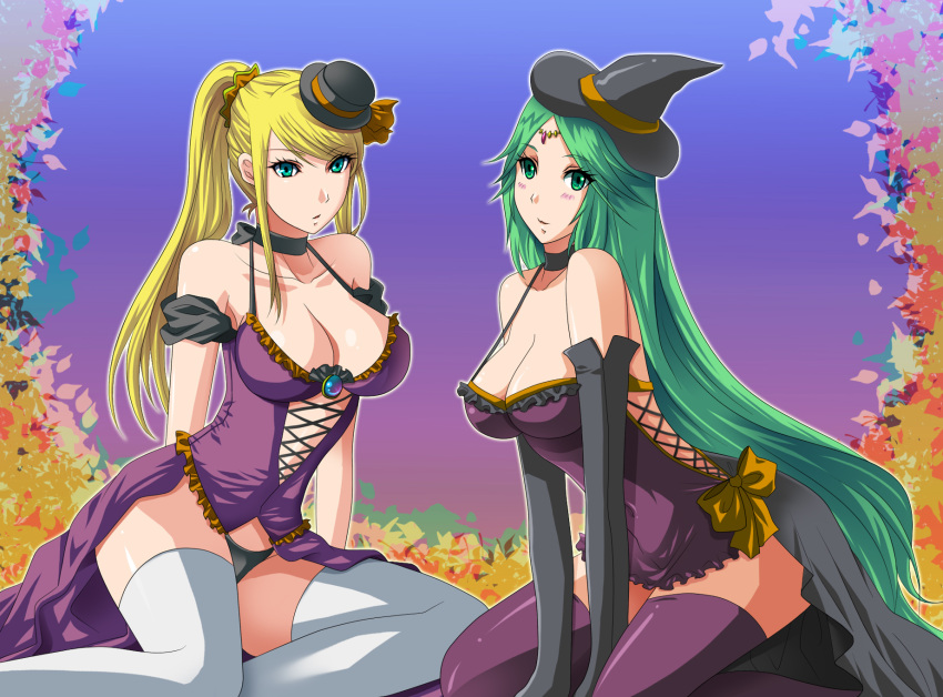 2girls, blonde_hair, blue_eyes, blush, breasts, green_eyes, green_hair, hat, highres, kid_icarus, kid_icarus_uprising, kukua_(mosushi), long_hair, looking_at_viewer, metroid, multiple_girls, palutena, samus_aran, super_smash_bros., witch_hat