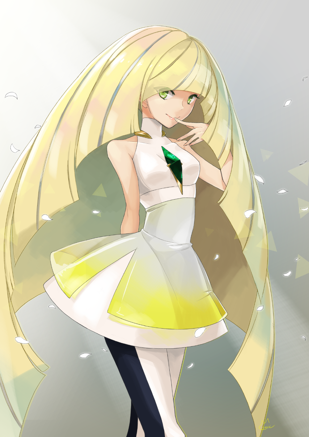 1girl, bare_shoulders, blonde_hair, dress, green_eyes, highres, lusamine_(pokemon), nekomissile