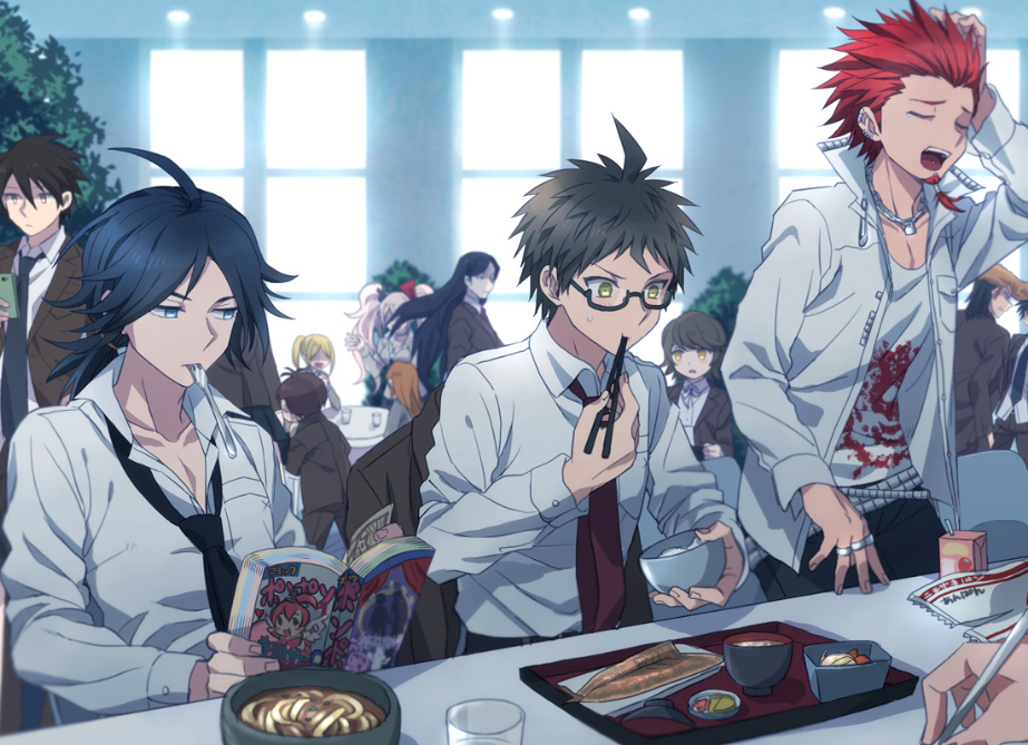 3boys, chopsticks, chopsticks_in_mouth, dangan_ronpa, dangan_ronpa/zero, eating, enoshima_junko, fork_in_mouth