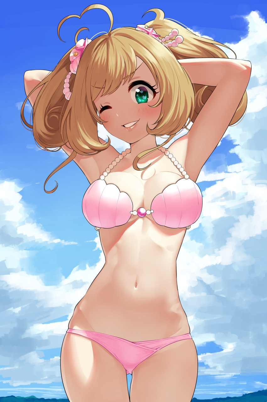 1girl, absurdres, armpits, arms_up, bikini, breasts, brown_hair, clouds, green_eyes, grin, heart, heart-shaped_pupils, highres, idolmaster, idolmaster_cinderella_girls, looking_at_viewer, midriff, navel, omaru_gyuunyuu, one_eye_closed, satou_shin, shell, shell_bikini, short_hair, smile, solo, swimsuit, symbol-shaped_pupils, thighs