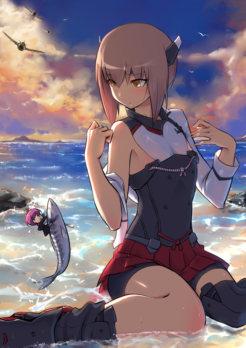 2girls, absurdres, aircraft, bike_shorts, brown_hair, fairy_(kantai_collection), fish, headgear