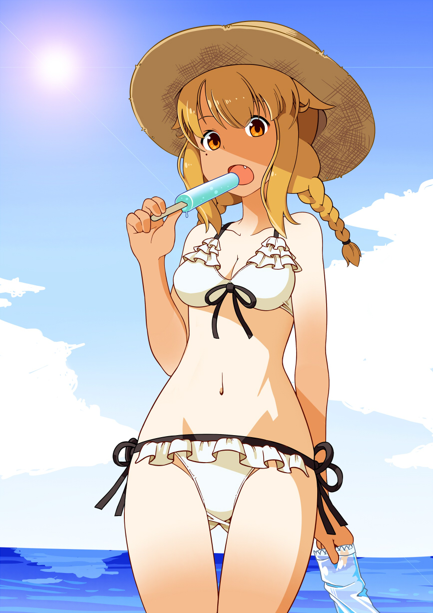 1girl, bikini, braid, breasts, clouds, collarbone, day, fang