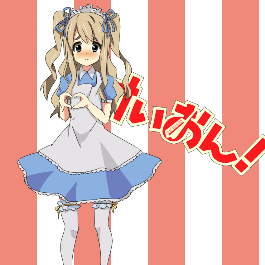 blonde_hair, blue_eyes, blush, freckle, furekuru_(freckle), garters, heart, heart_hands