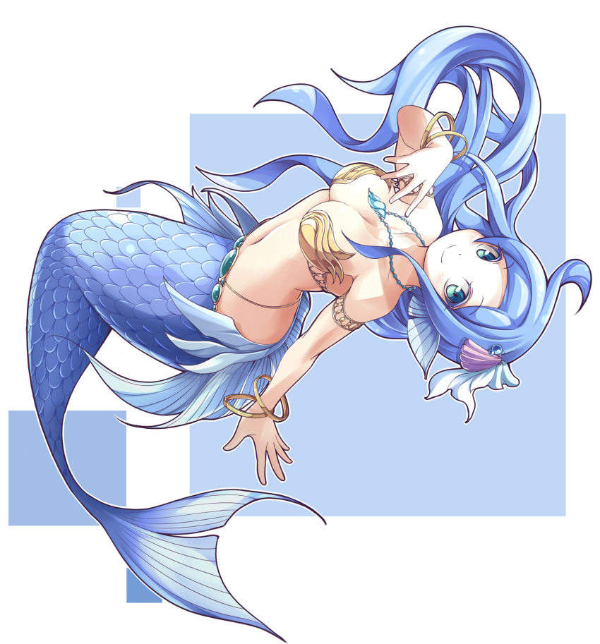 1girl, armlet, bangle, beanpaste, blue, blue_eyes, blue_hair, bracelet, breasts, cleavage, closed_mouth, colored_eyelashes, eyebrows, eyebrows_visible_through_hair, full_body, hair_ornament, head_fins, highres, jewelry, long_hair, medium_breasts, mermaid, monster_girl, navel, original, outstretched_arm, shell_necklace, smile, solo, very_long_hair, white_background