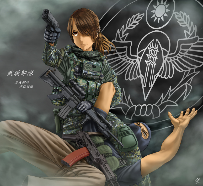 1boy, 1girl, absurdres, ammunition_pouch, assault_rifle, badge, digital_camouflage, glock, gloves, gun, handgun, highres, jpc, mask, military, original, pistol, ponytail, republic_of_china_flag, rifle, scarf, scope, t91_assault_rifle, taiwan, weapon