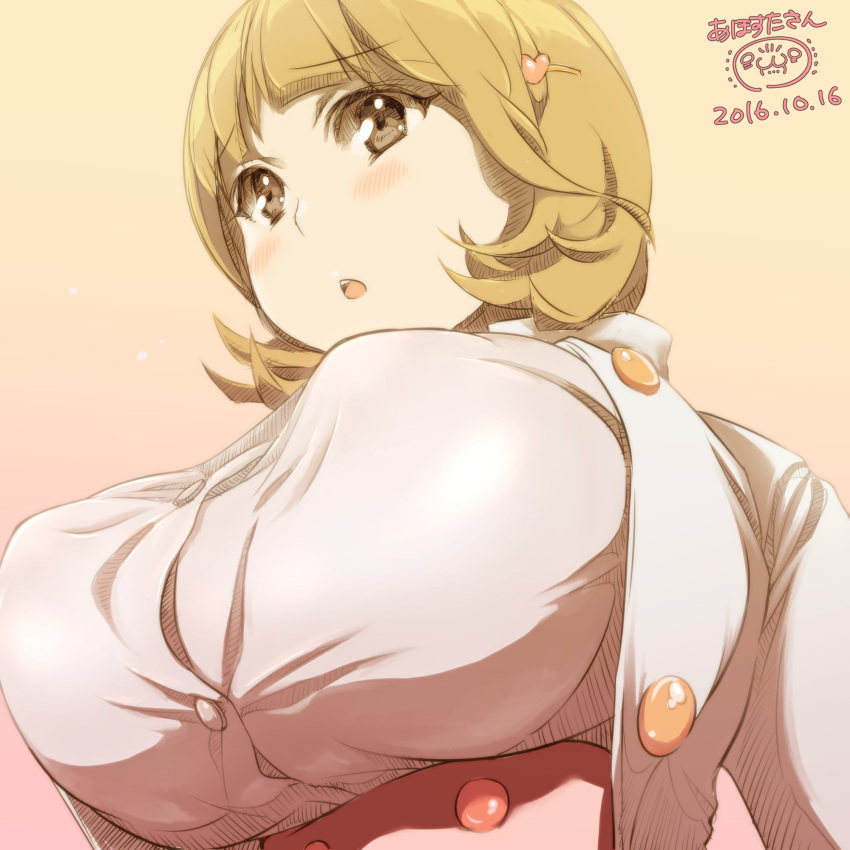 1girl, :o, afrostar, breasts, brown_background, brown_eyes, brown_hair, dated, from_below, highres, huge_breasts, looking_down, narusawa_ryouka, occultic;nine, parted_lips, short_hair, simple_background, solo