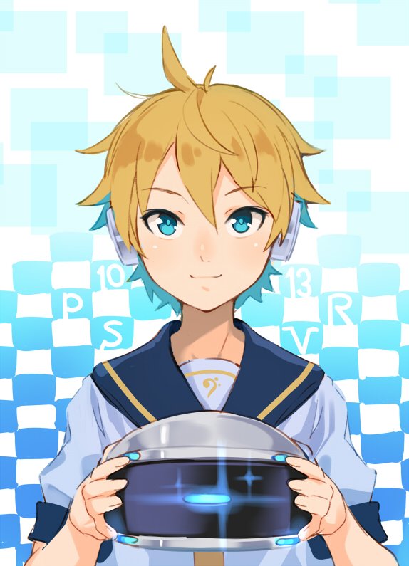 1boy, blonde_hair, blue_eyes, checkered, checkered_background, cowlick, eyebrows, eyebrows_visible_through_hair