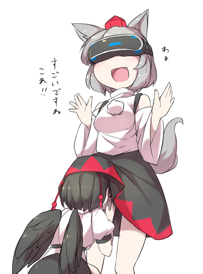 2girls, :d, animal_ears, bird_wings, blush, camera, collared_shirt, fang