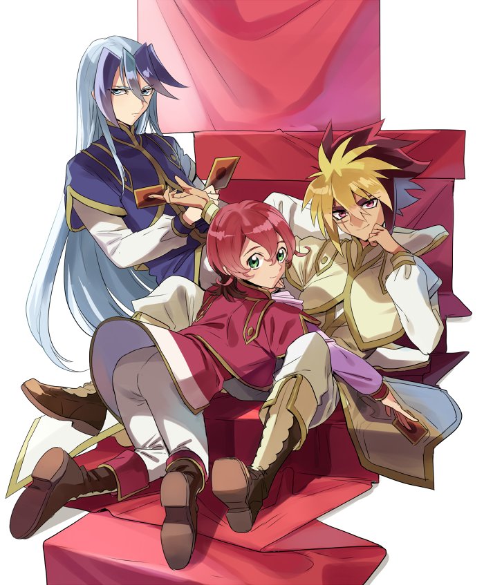 3boys, ass, blue_hair, boots, brown_boots, card, hair_between_eyes, iii_(yuu-gi-ou_zexal)