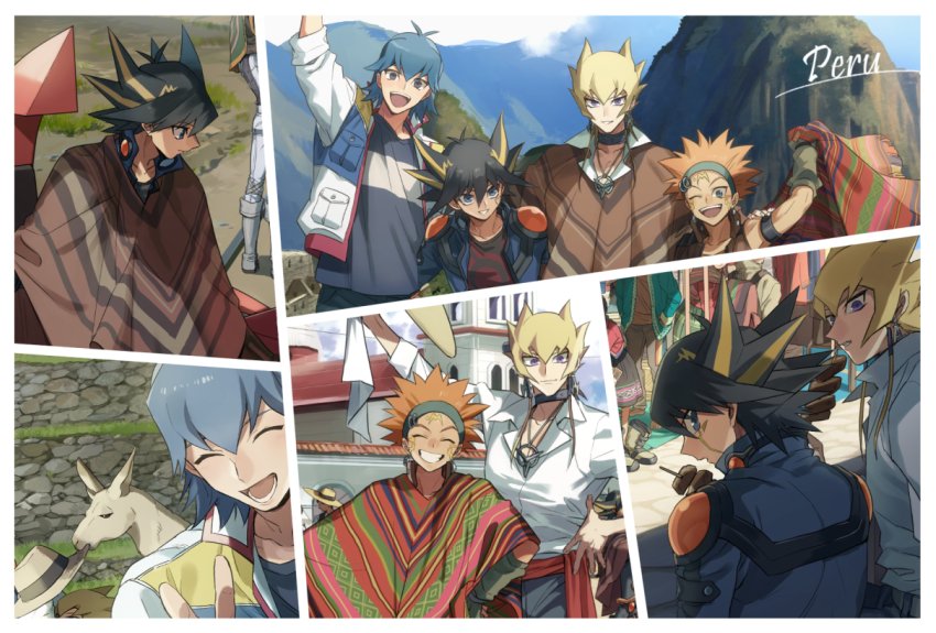 4boys, :d, ;), black_hair, blonde_hair, blue_eyes, blue_hair, choker
