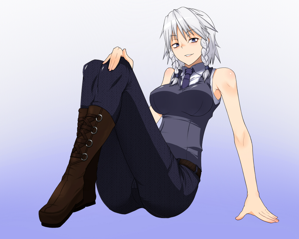 alternate_costume, arm_support, bare_shoulders, blue_background, boots, breasts, denim, gradient