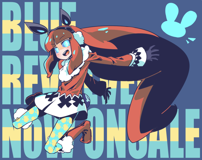 1girl, animal_ears, announcement_celebration, bangs, black_gloves, blue_background, blue_eyes, blue_revolver